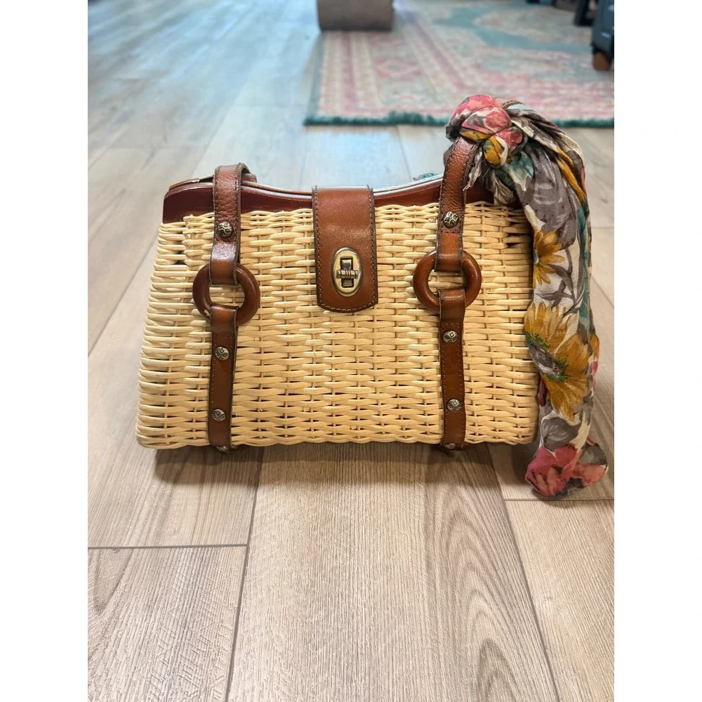 Patricia Nash Wicker Satchel Leather Trim Straw Handbag Brown Tan with Scarf
